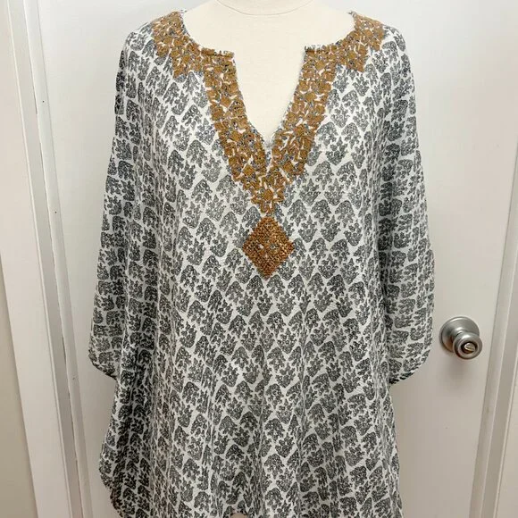 J Jill Blue White Embroidered Poncho Swim Coverup Boho Coastal Resort S-L - Picture 2 of 8